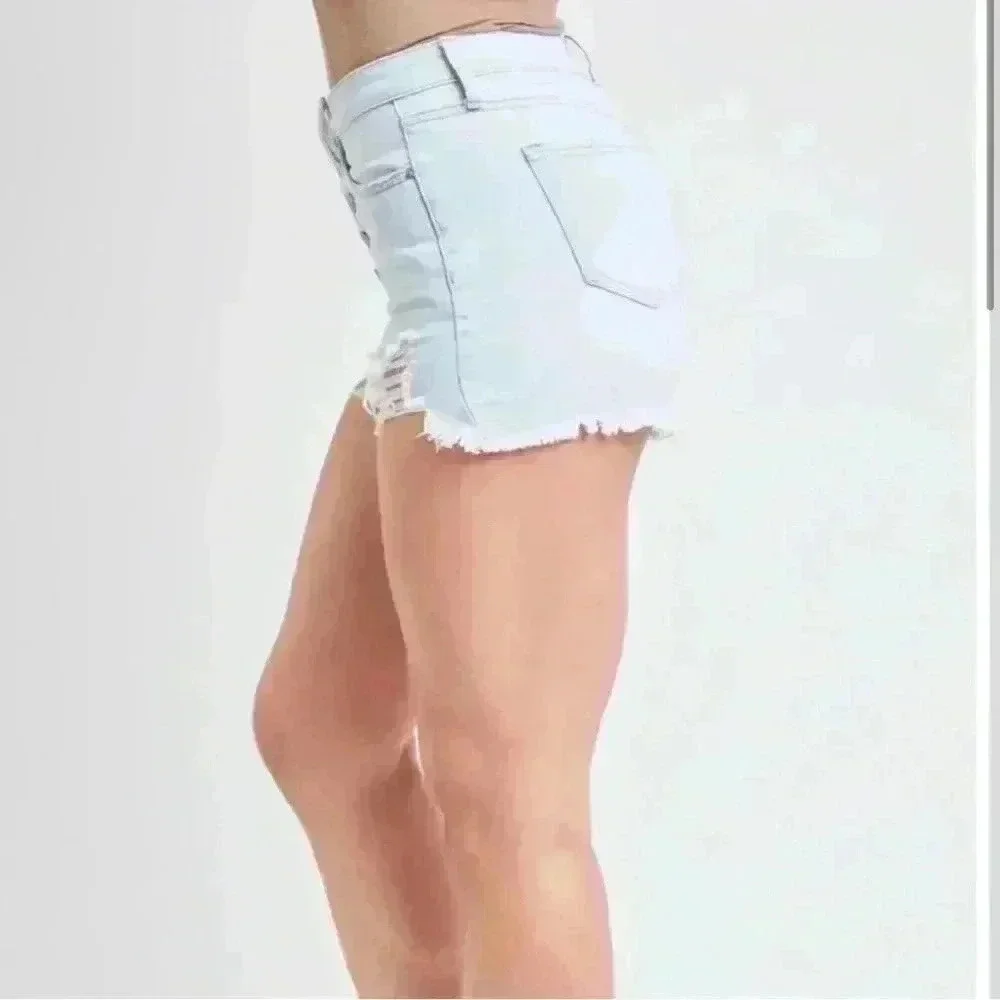 YMI Dream Distressed Button Fly Hybrid Denim Short in Celeste Blue. Size 9. NWT! - Picture 2 of 16
